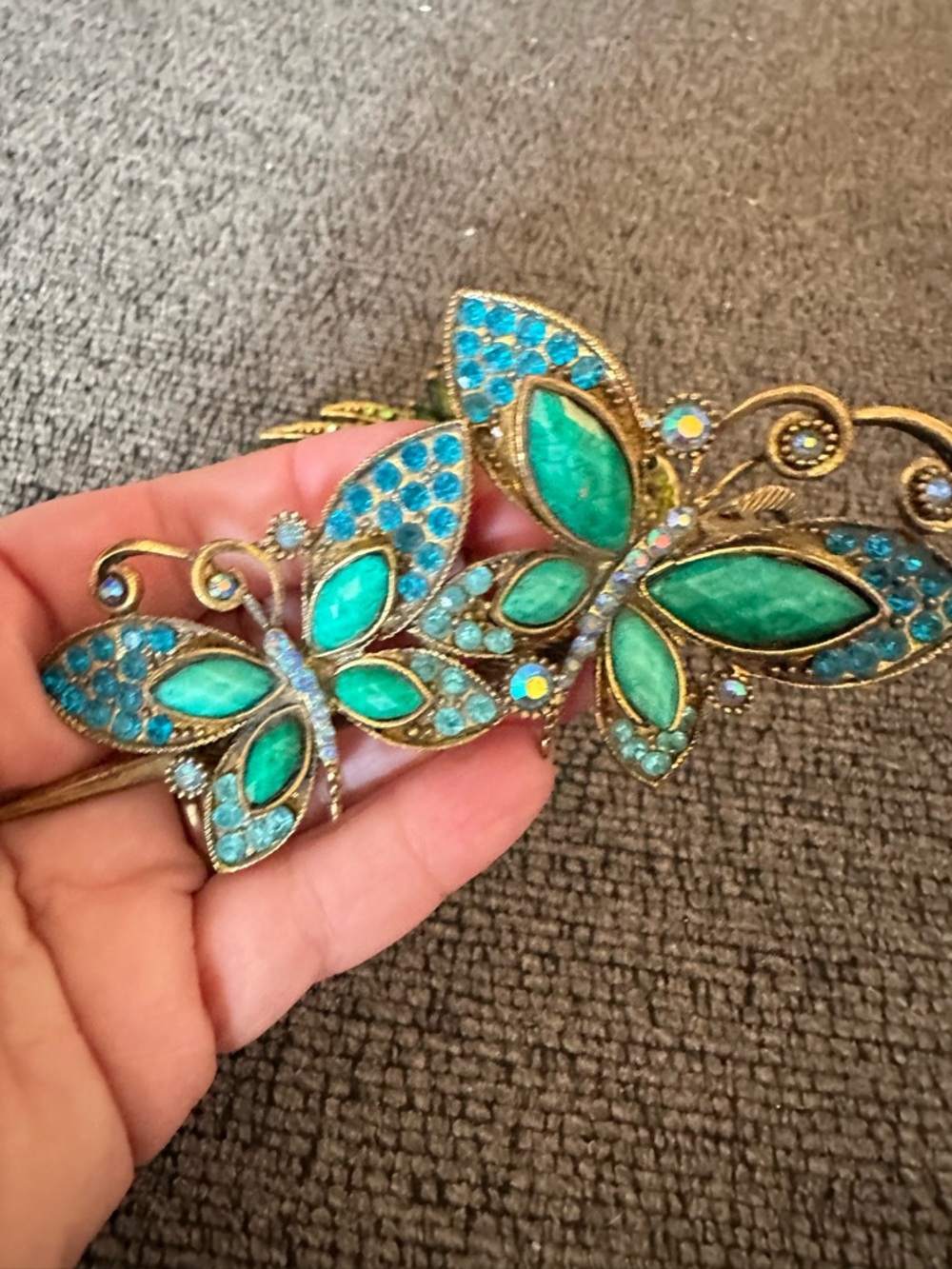 Vintage Bronze And Rhinestone Butterfly Hair Clip
